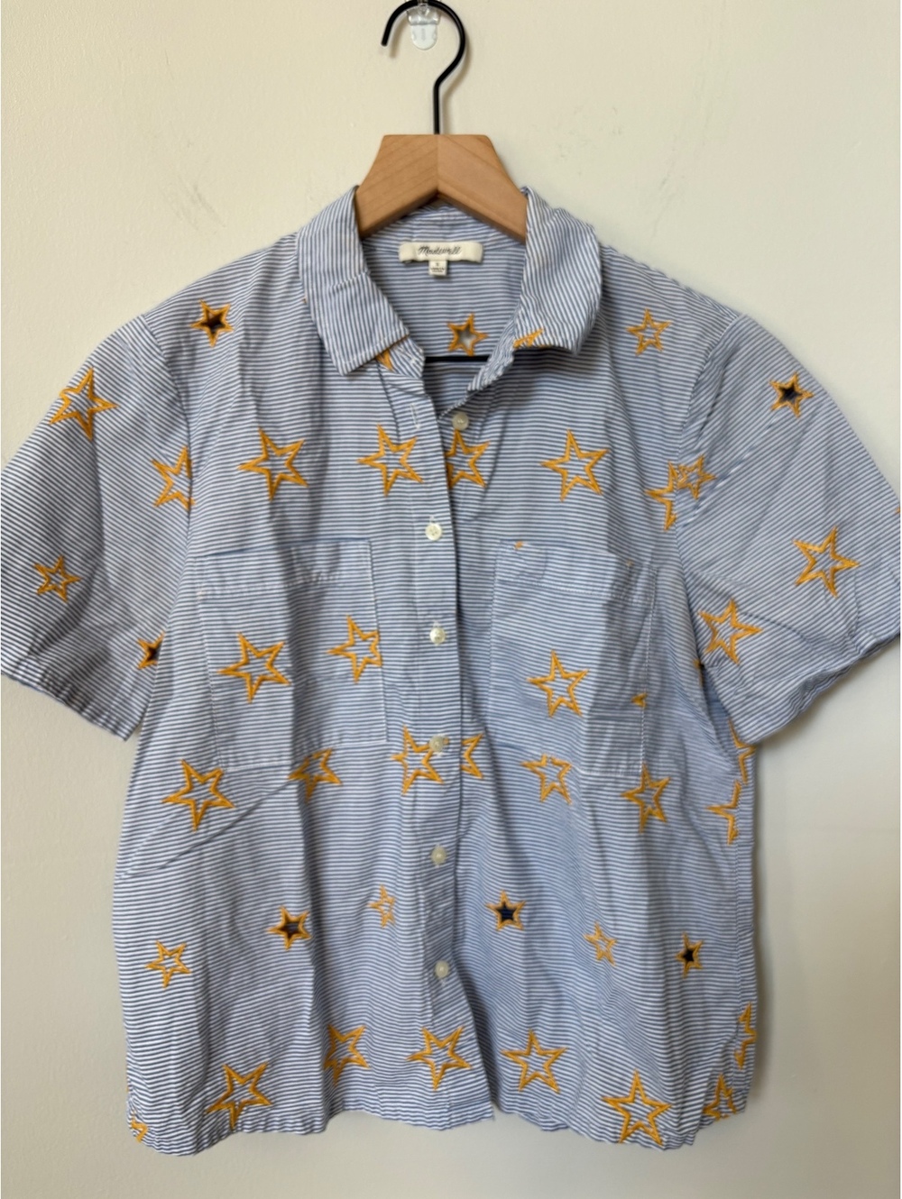 Madewell Star Embroidered Striped Short Sleeve Button Down Shirt Size S NWOT
